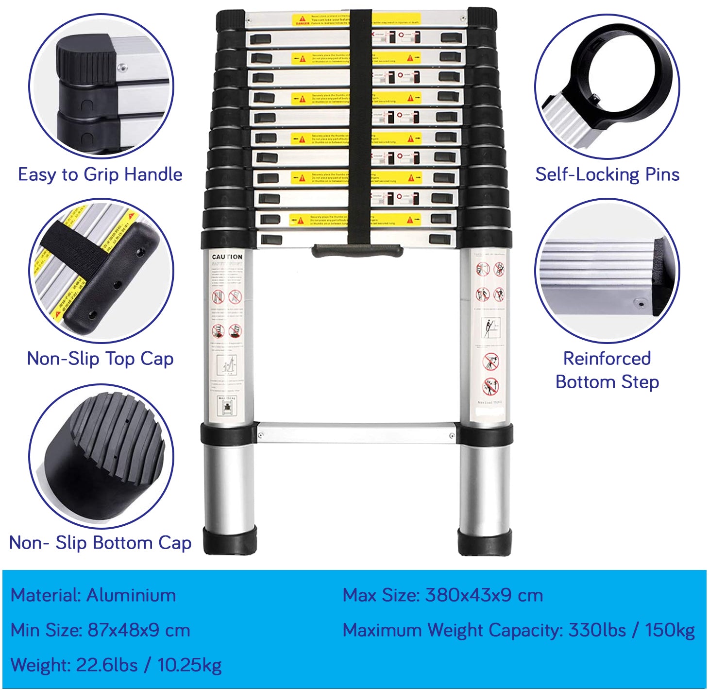 Telescoping Ladder - Lightweight Aluminium Metal - Telescopic, Compact, Multi Purpose