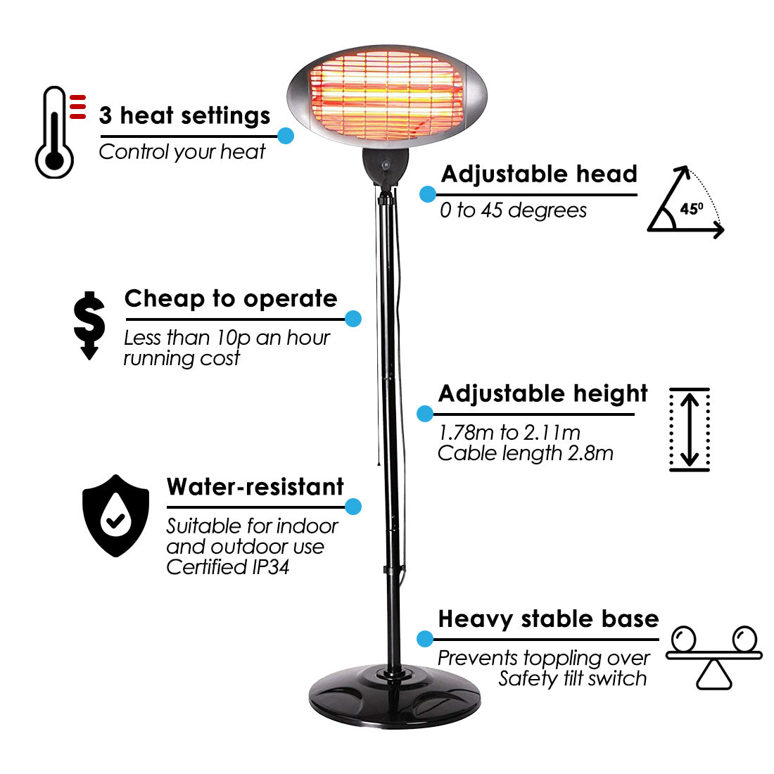 Patio Stand Heater, Portable Heaters Made from Steel, Powered by Electric Quartz Bulbs